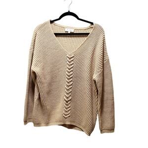 Jessica Simpson Pullover Sweater Laced Front Knitted V-Neck Long Sleeve Beige M